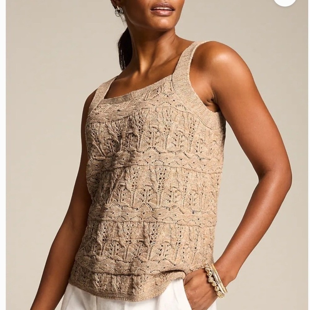 J.Jill Pointelle Square Neck Tank‎ Top Beige Knit Shell 318381 Womens Medium